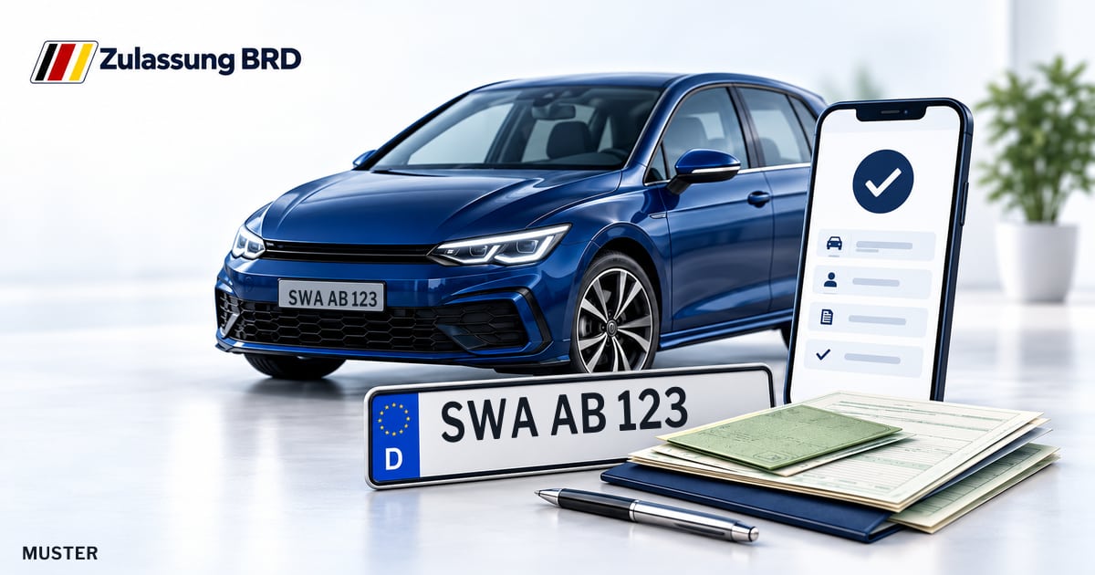 Online Fahrzeugzulassung in Idstein: Musterkennzeichen SWA AB 123, Auto und Fahrzeugpapiere und Smartphone. Illustration mit Logo von Zulassung BRD.